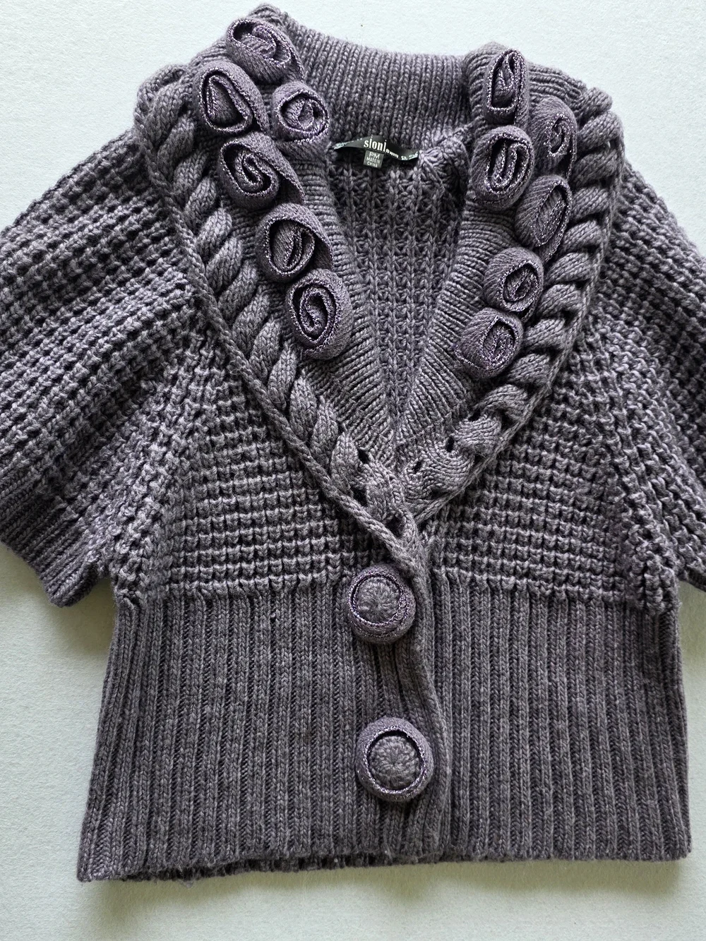 Whimsigoth Sioni Short-Sleeve Purple Chunky Cardigan With Floral Collar